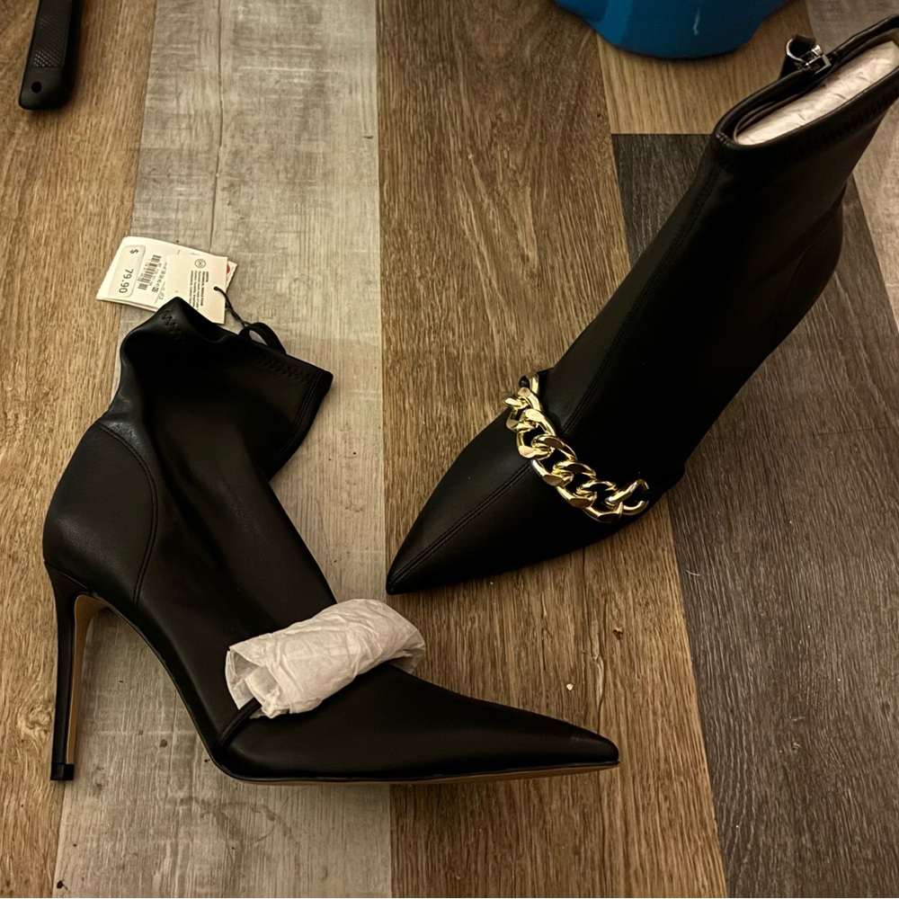 Zara Black Heeled Boots with Gold Chain Accent